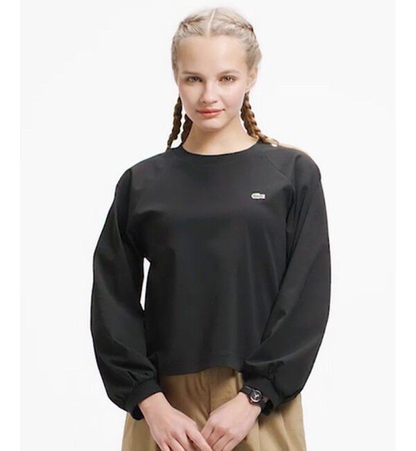 LACOSTE「クロップド丈 バルーンスリーブ ギャザー ロングスリーブTシャツ」|Tシャツ・カットソー|ブラック