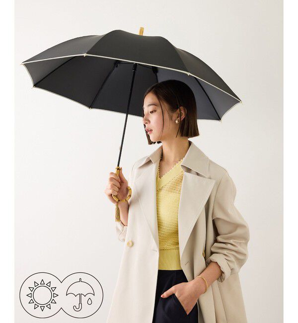 ROPE「[晴雨兼用]バンブーハンドルバイカラーパラソル(長傘・日傘)/UV100%カット/完全遮光生地」|傘|ブラック(01)