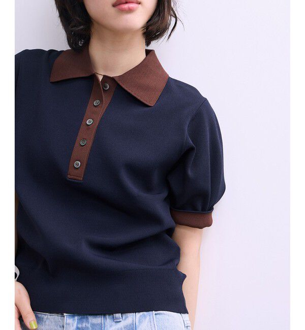 ADAM ET ROPE'「【WEB限定】ハーフスリーブバイカラーポロニット」|ポロシャツ|ネイビー(40)