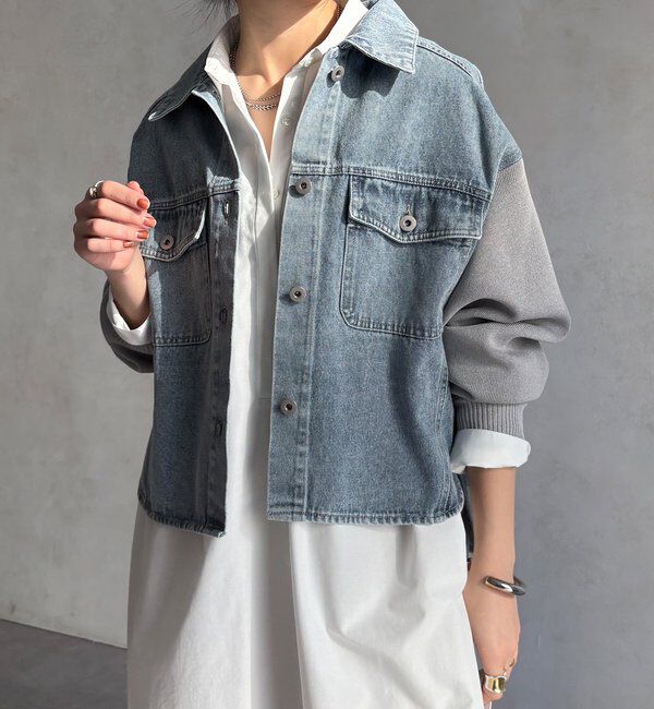  「【WEB限定】袖ニットデニムジャケット」|ブルゾン・スタジャン|