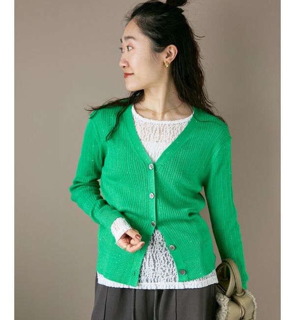  「《手洗い可能》スパンコールリブVネックカーディガン」|カーディガン|