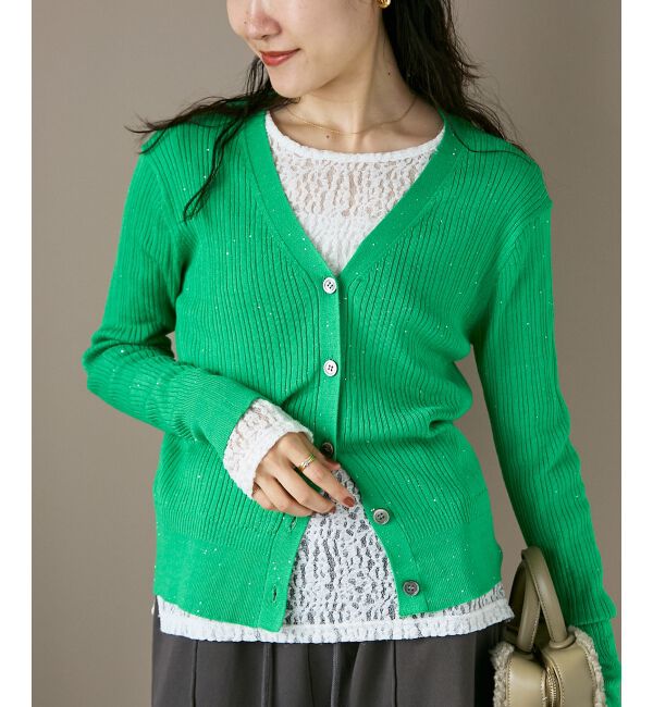  「《手洗い可能》スパンコールリブVネックカーディガン」|カーディガン|