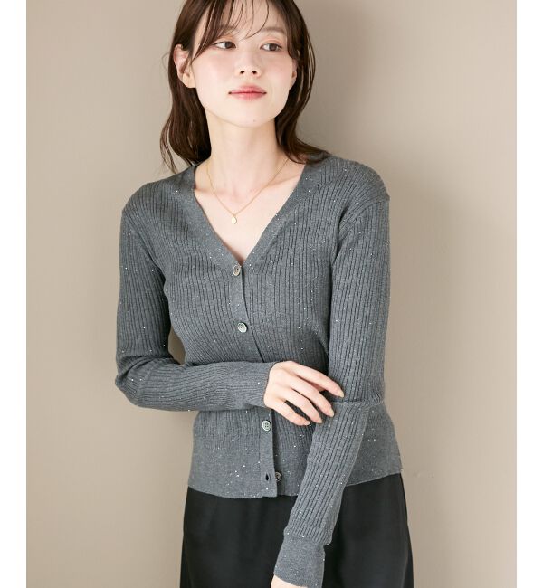  「《手洗い可能》スパンコールリブVネックカーディガン」|カーディガン|