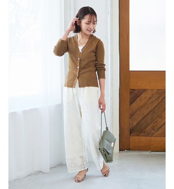  「《手洗い可能》スパンコールリブVネックカーディガン」|カーディガン|