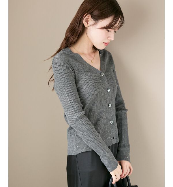  「《手洗い可能》スパンコールリブVネックカーディガン」|カーディガン|