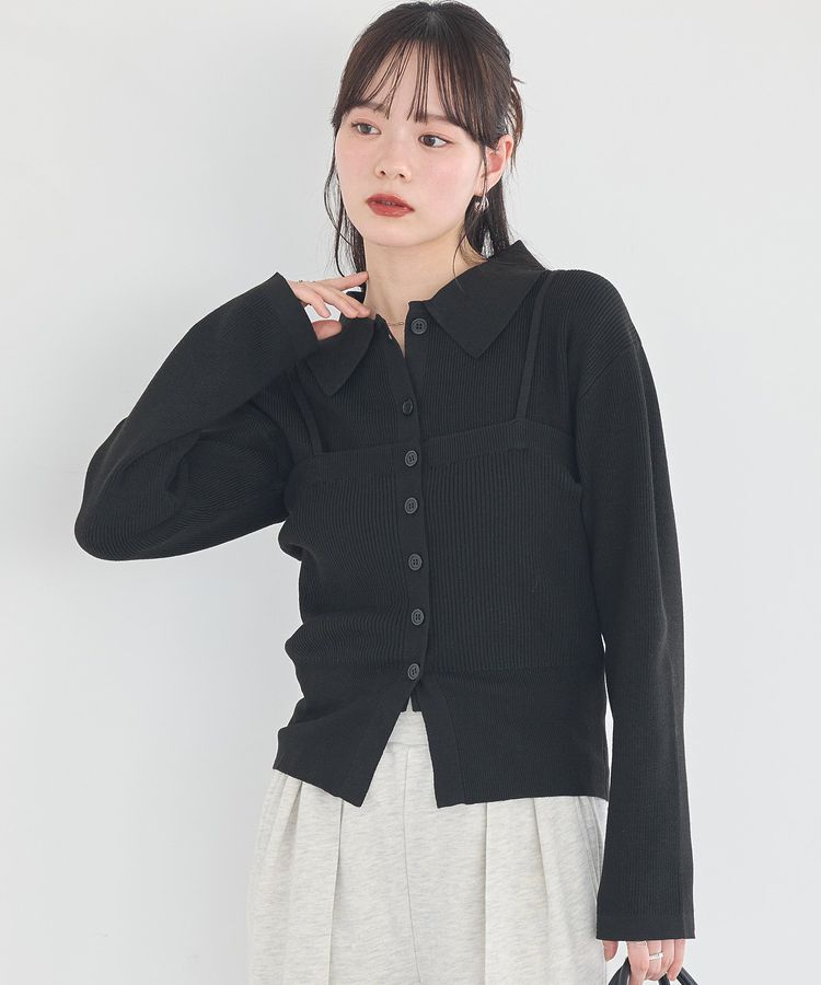 earth music&ecology「襟付きニットアンサンブル」|カーディガン|Black