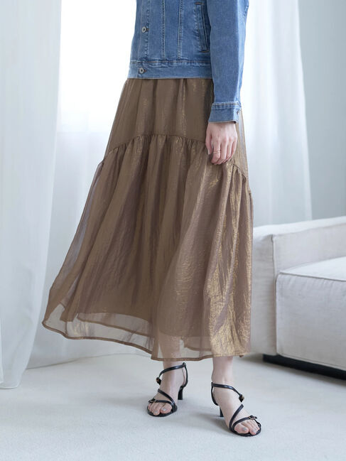 YECCA VECCA「箔プリントシアーギャザースカート」|スカート|Brown