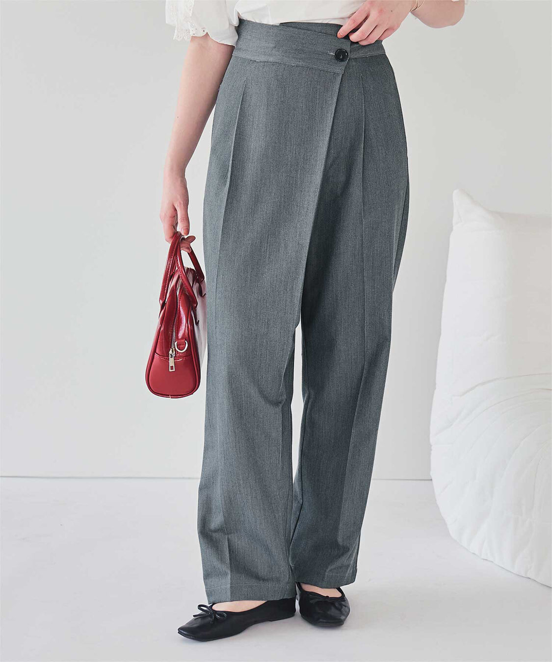 ur's「ラップ風デザインハイウエストパンツ」|スラックス|グレー