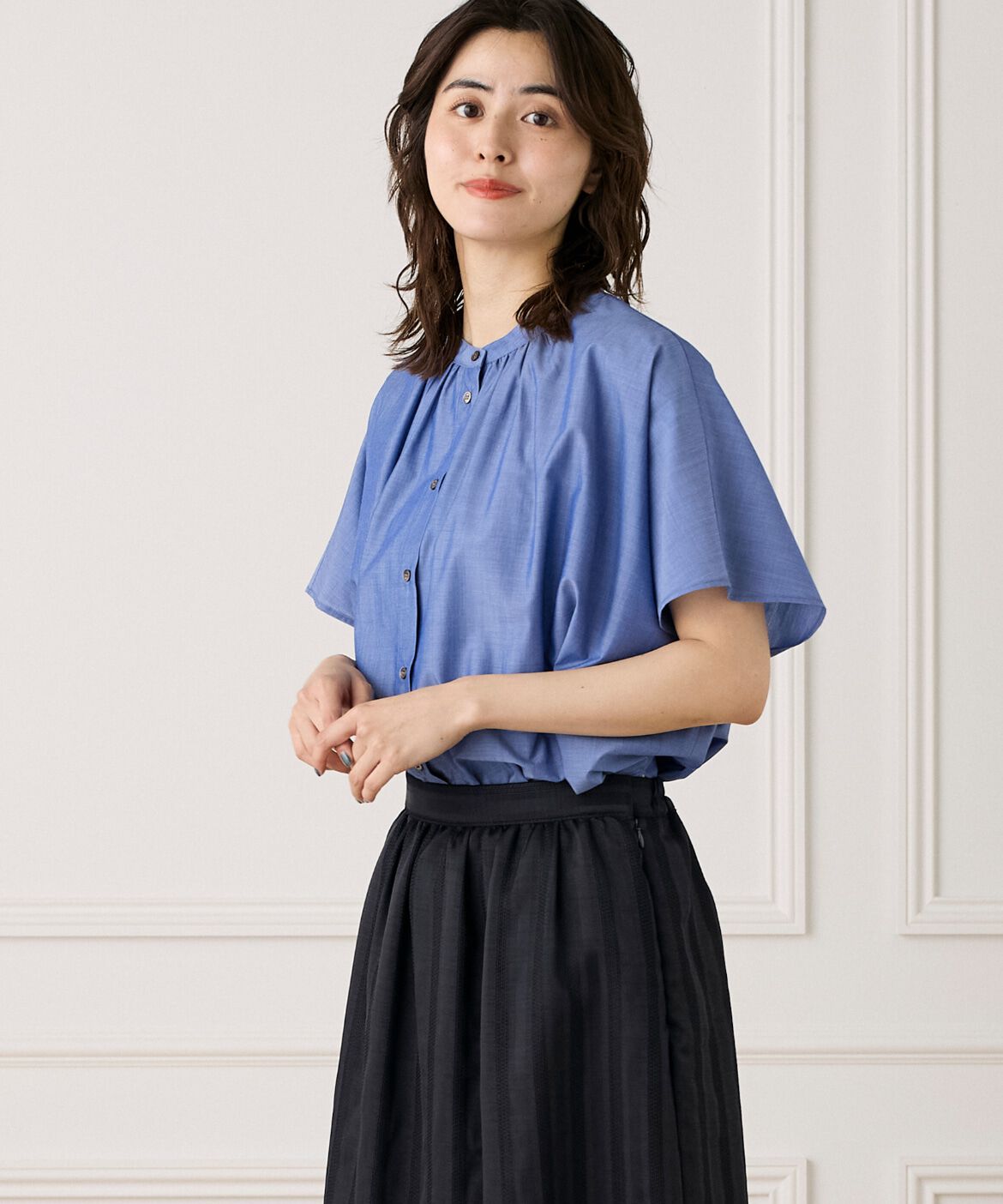 7-IDconcept.「《WEB限定カラー》ポンチョ風バンドカラーブラウス」|シャツ・ブラウス|インディゴ9