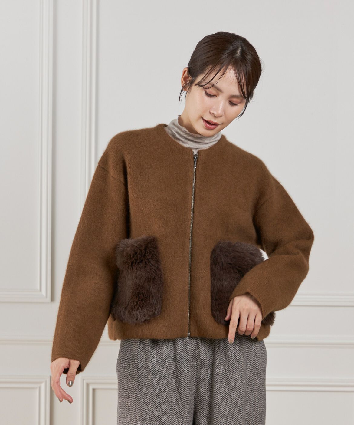 Le Souk「《45th限定企画》フェイクファーポケット ラクーン ニットブルゾン」|カーディガン|