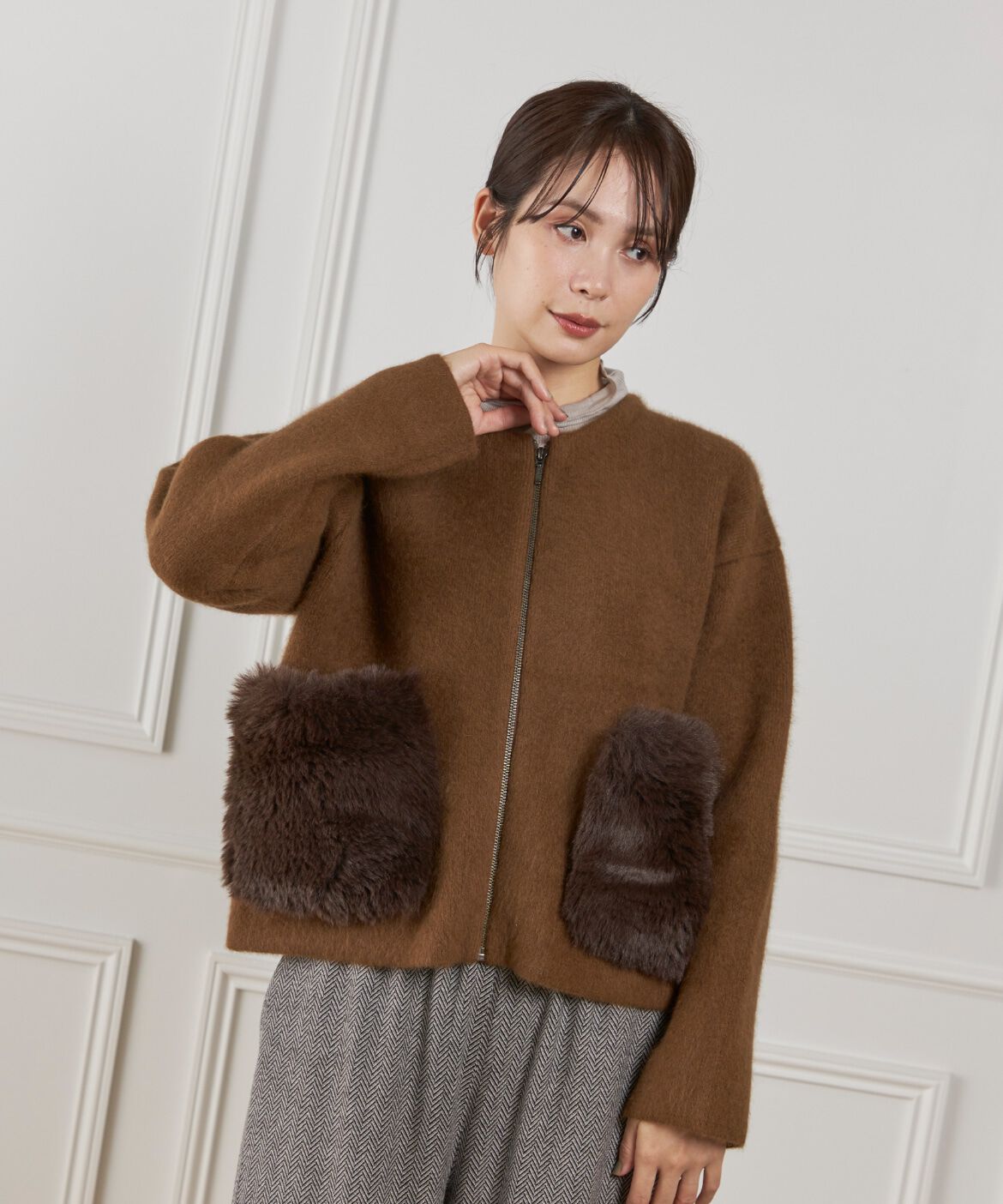 Le Souk「《45th限定企画》フェイクファーポケット ラクーン ニットブルゾン」|カーディガン|