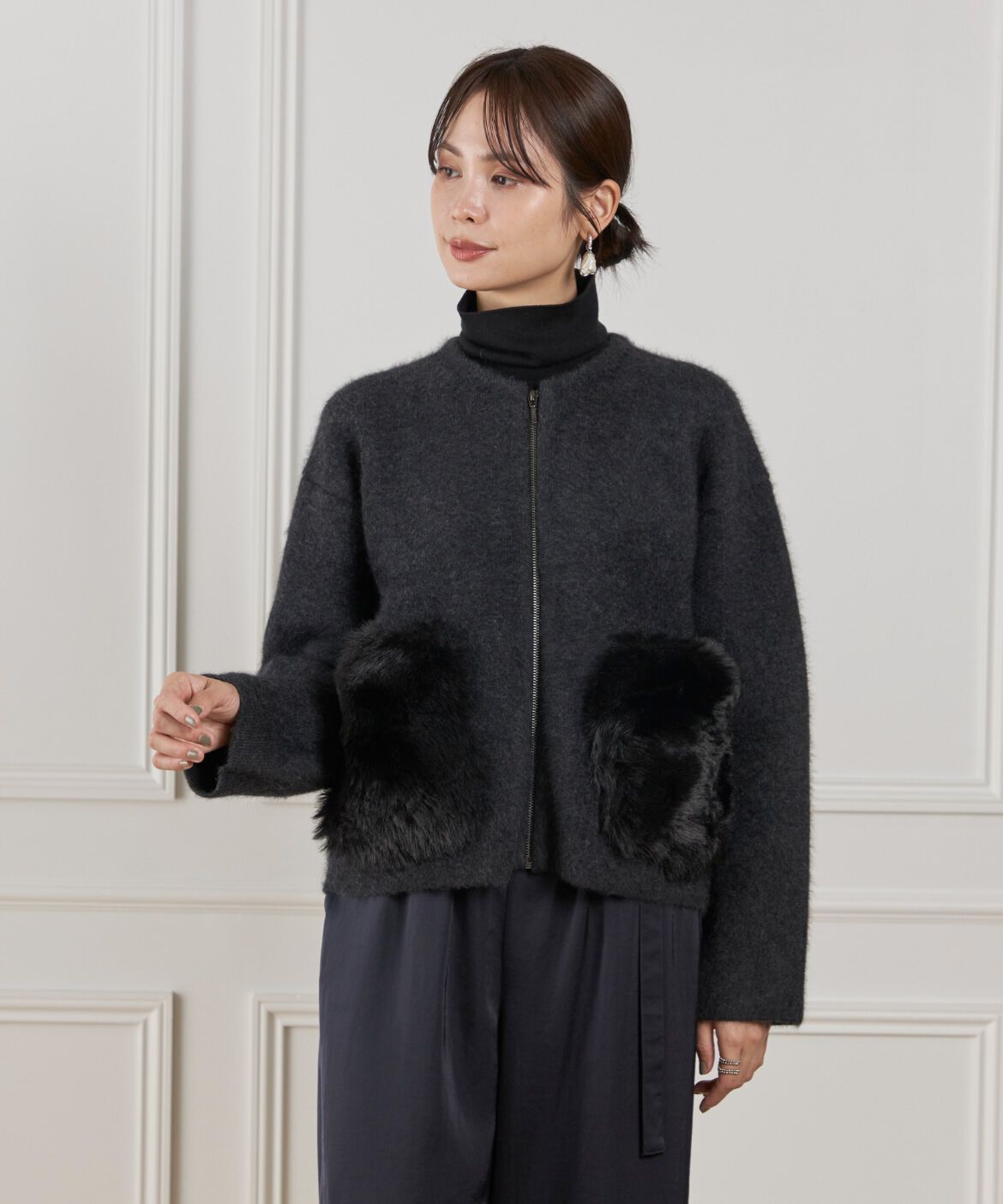 Le Souk「《45th限定企画》フェイクファーポケット ラクーン ニットブルゾン」|カーディガン|