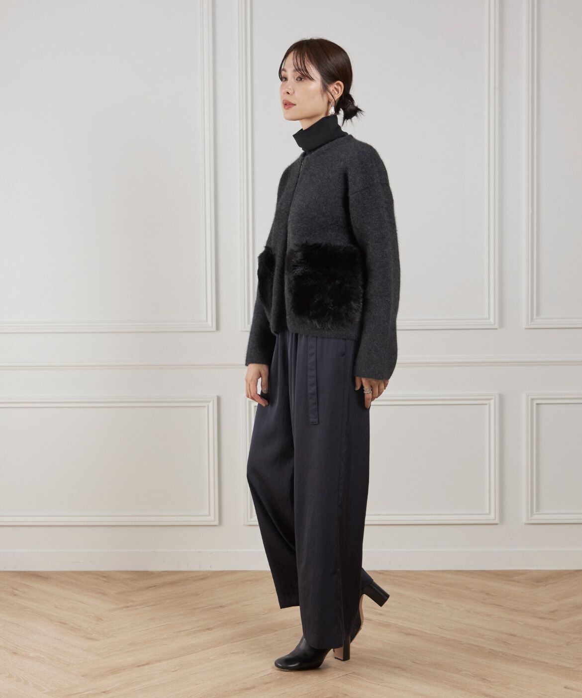 Le Souk「《45th限定企画》フェイクファーポケット ラクーン ニットブルゾン」|カーディガン|