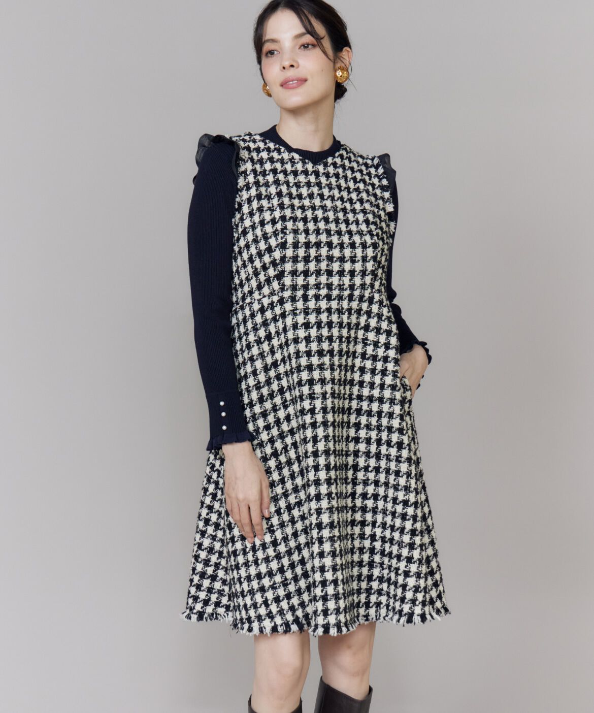 Maglie le cassetto「Vネック千鳥柄ワンピース」|ワンピース|
