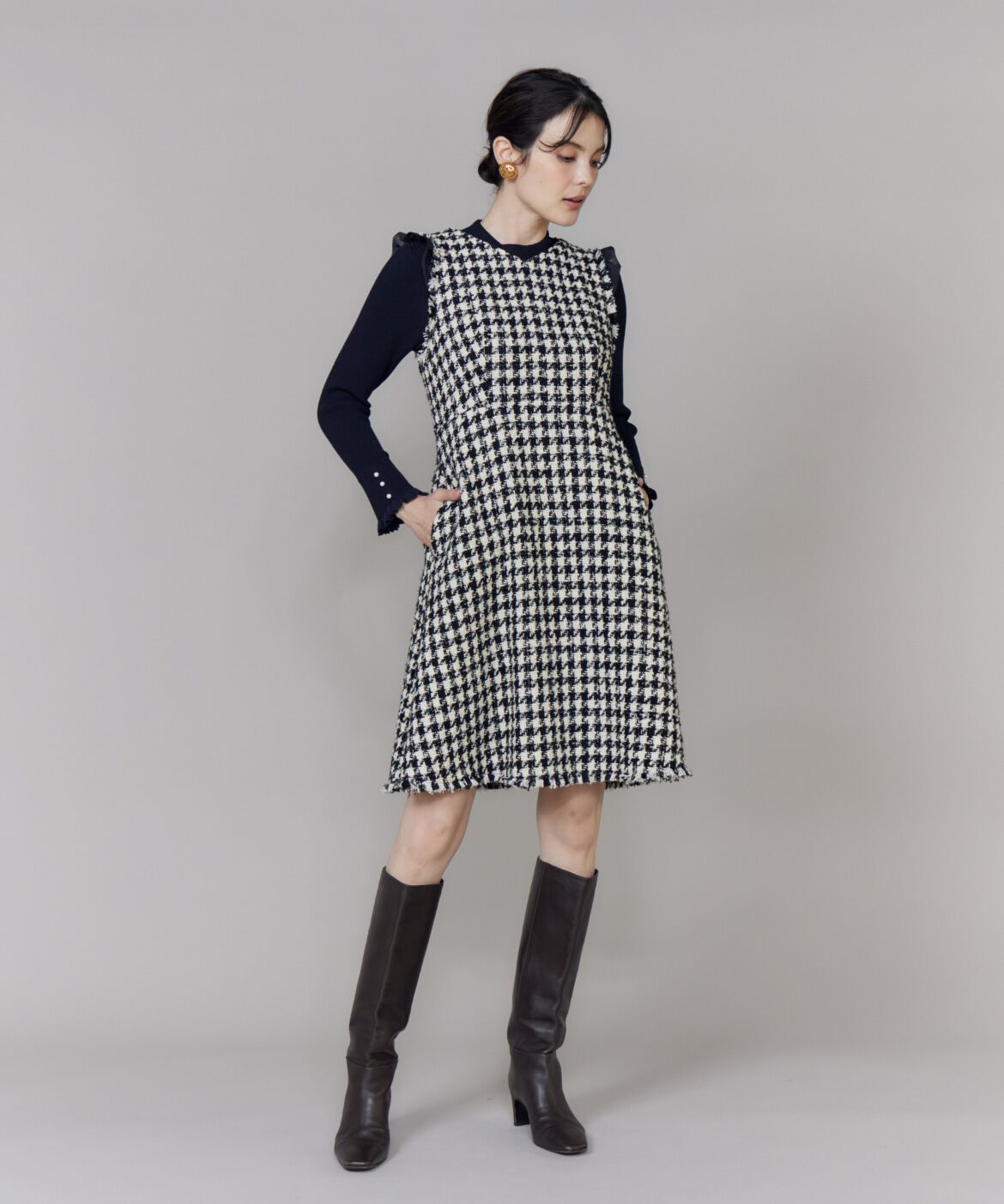 Maglie le cassetto「Vネック千鳥柄ワンピース」|ワンピース|