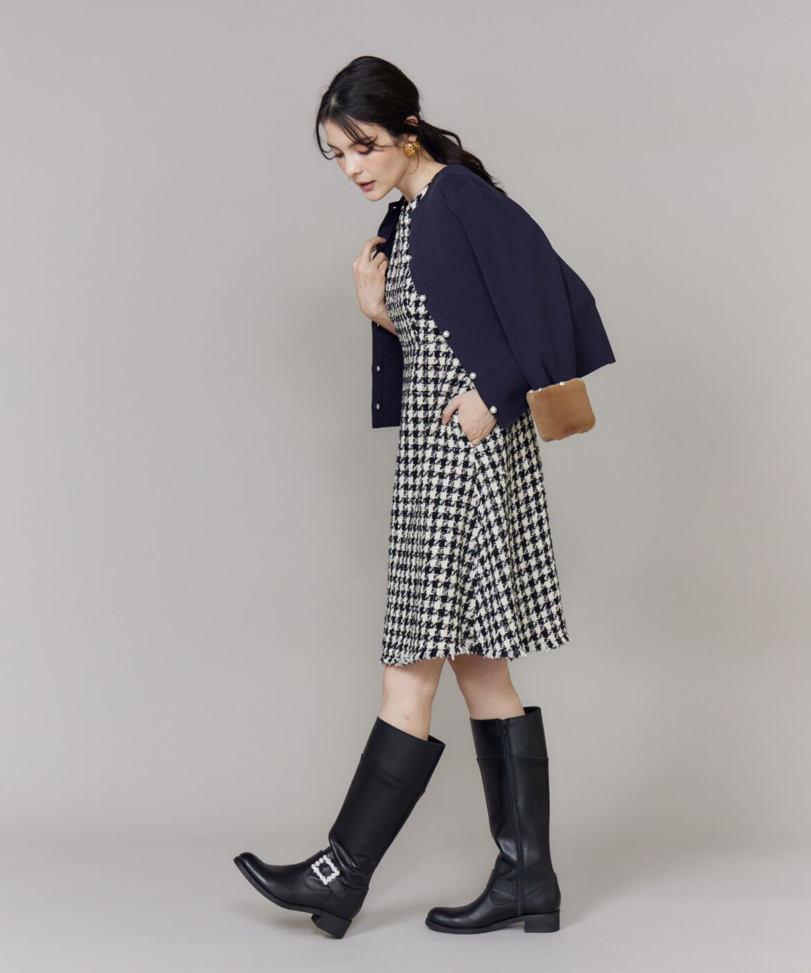 Maglie le cassetto「Vネック千鳥柄ワンピース」|ワンピース|