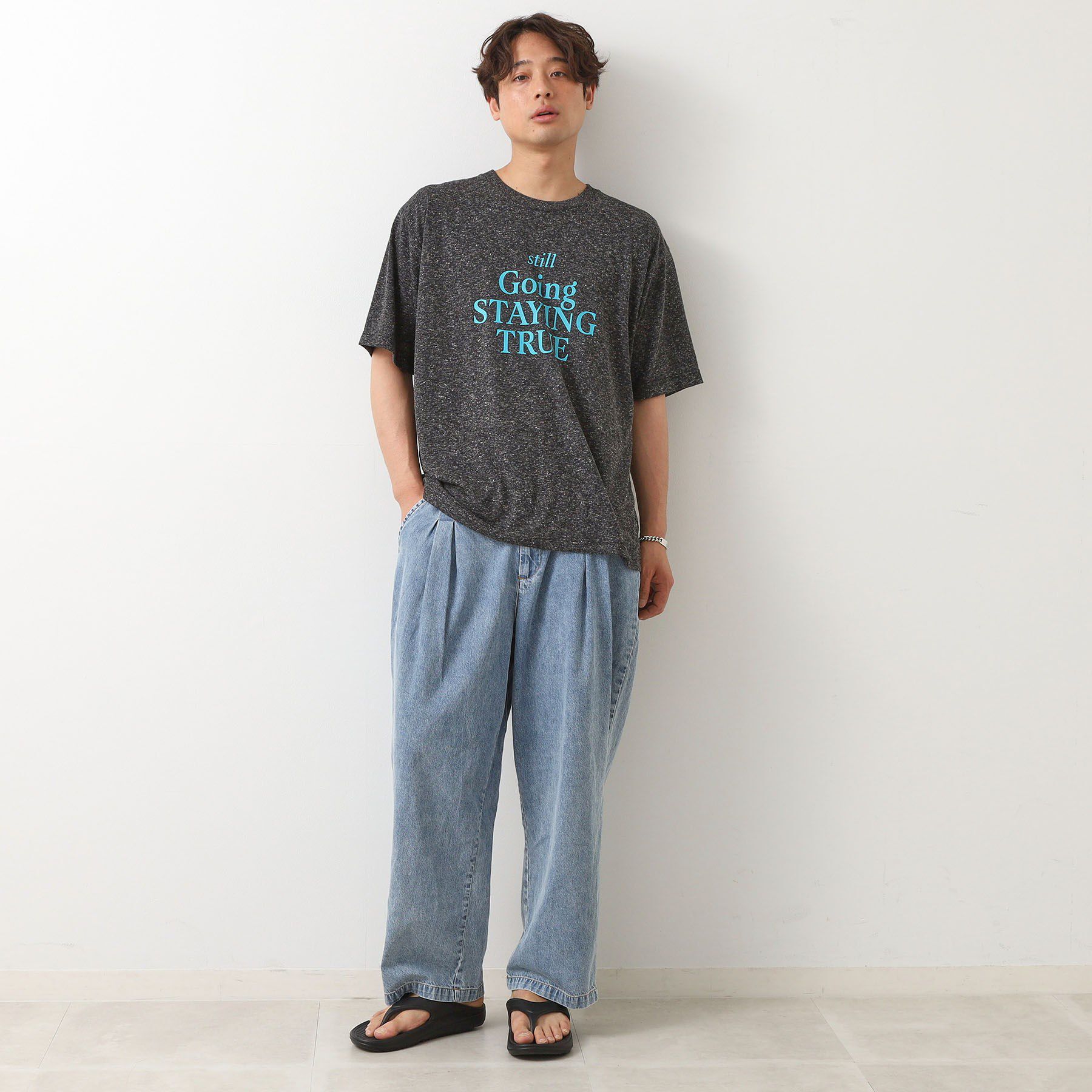 THE SHOP TK「ポリ麻プリント半袖Tシャツ【洗濯機OK】」|Tシャツ・カットソー|