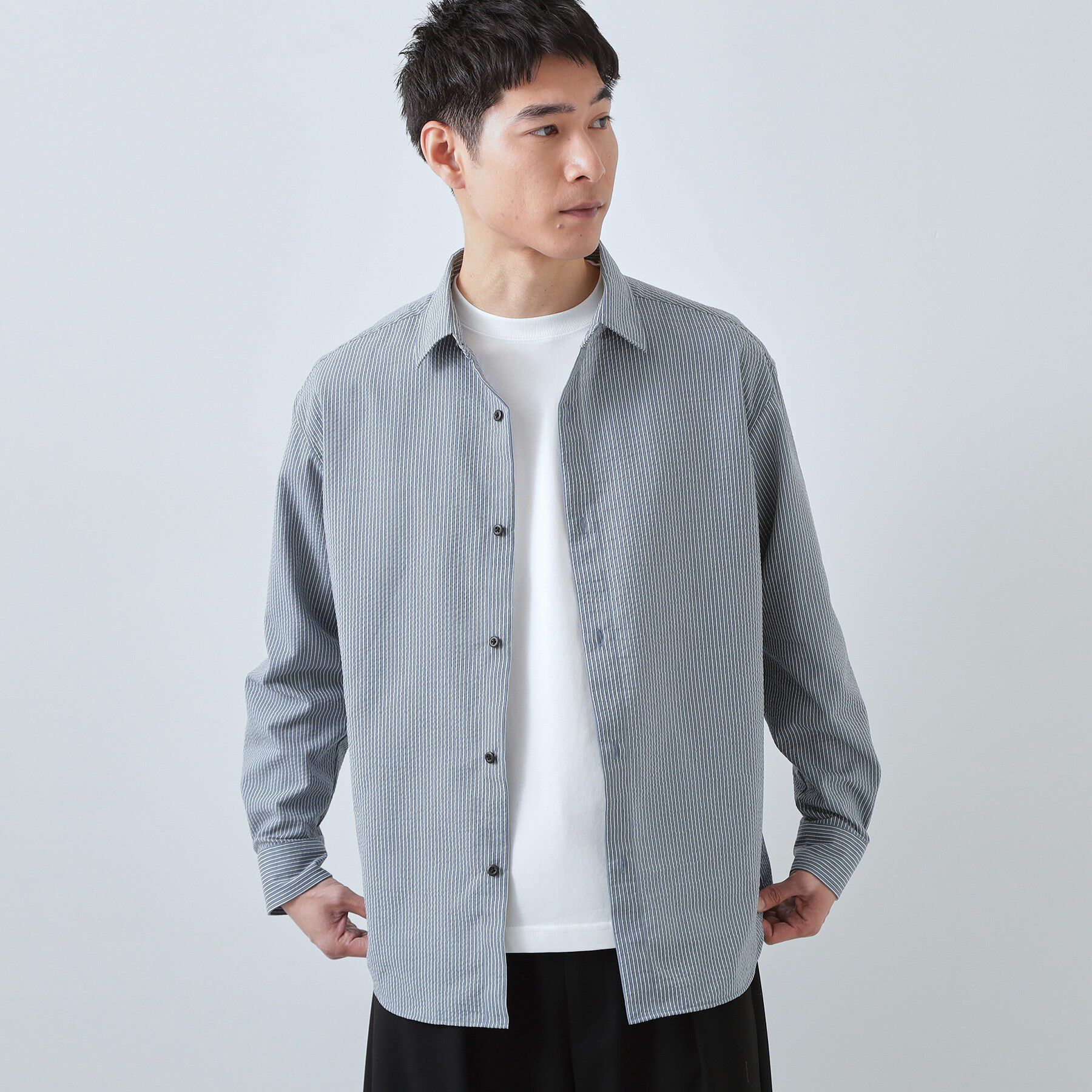 THE SHOP TK「【爽やかで好印象】サッカーストライプシャツ 洗濯機OK」|シャツ・ブラウス|ブルー(393)