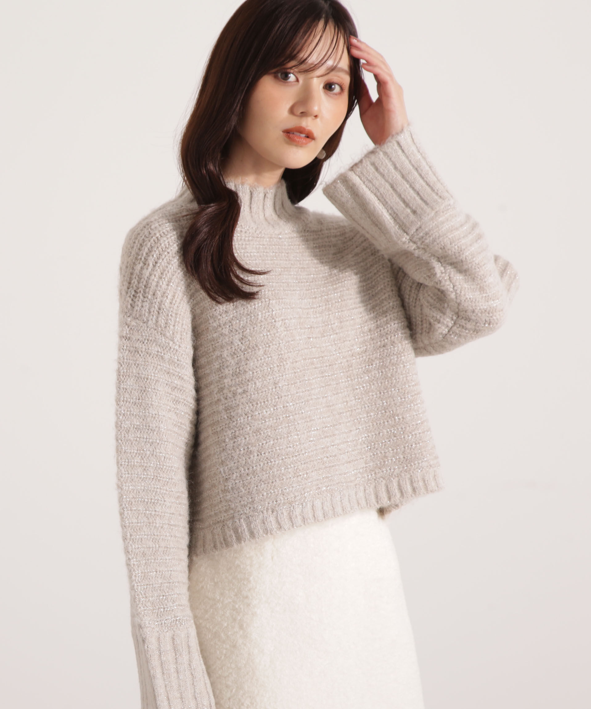 PROPORTION BODY DRESSING「ウールブレンドスタンドカラー畔ニット 25AW」|ニット・セーター|ベージュ