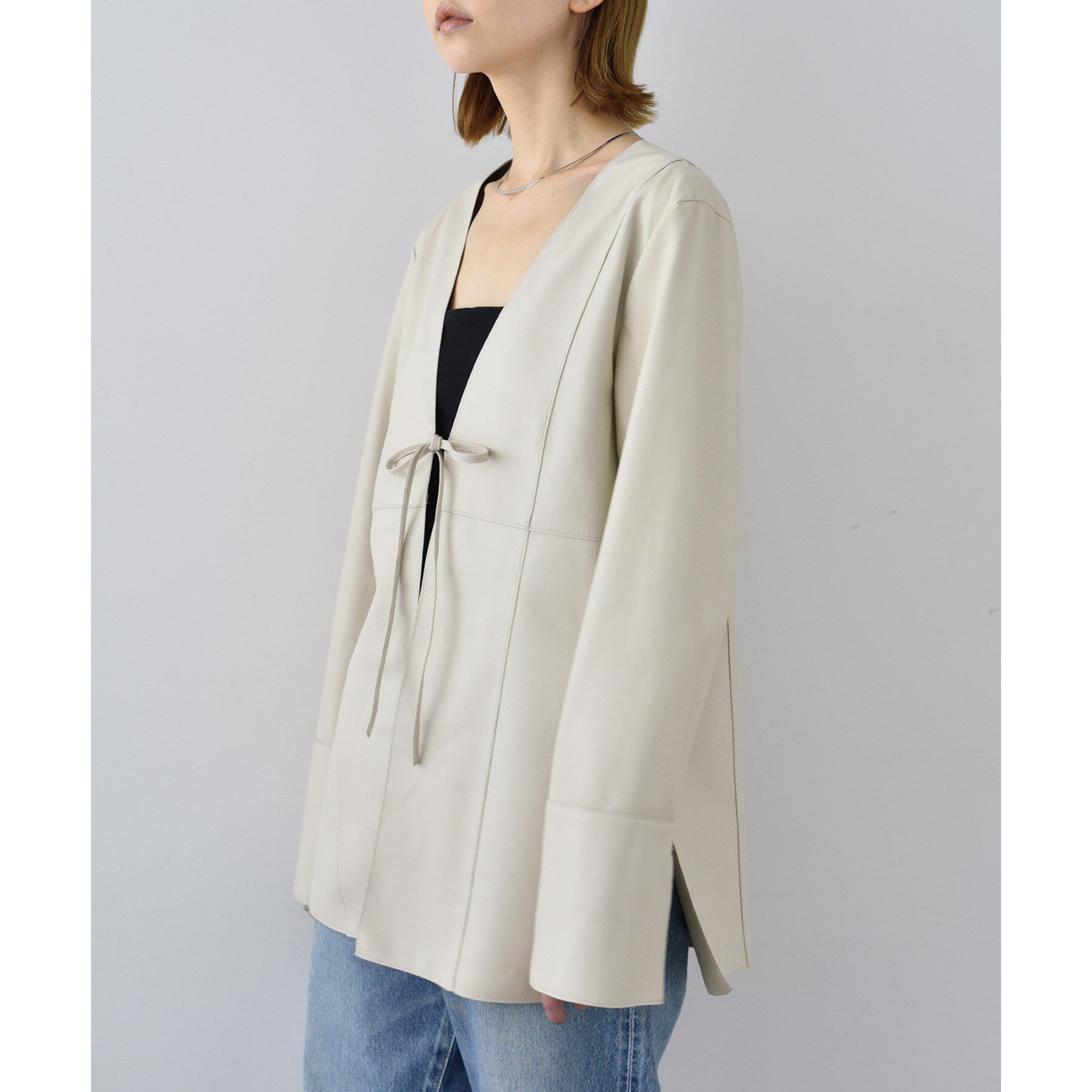 CODE A「front ribbon leather jacket」|ノーカラージャケット|