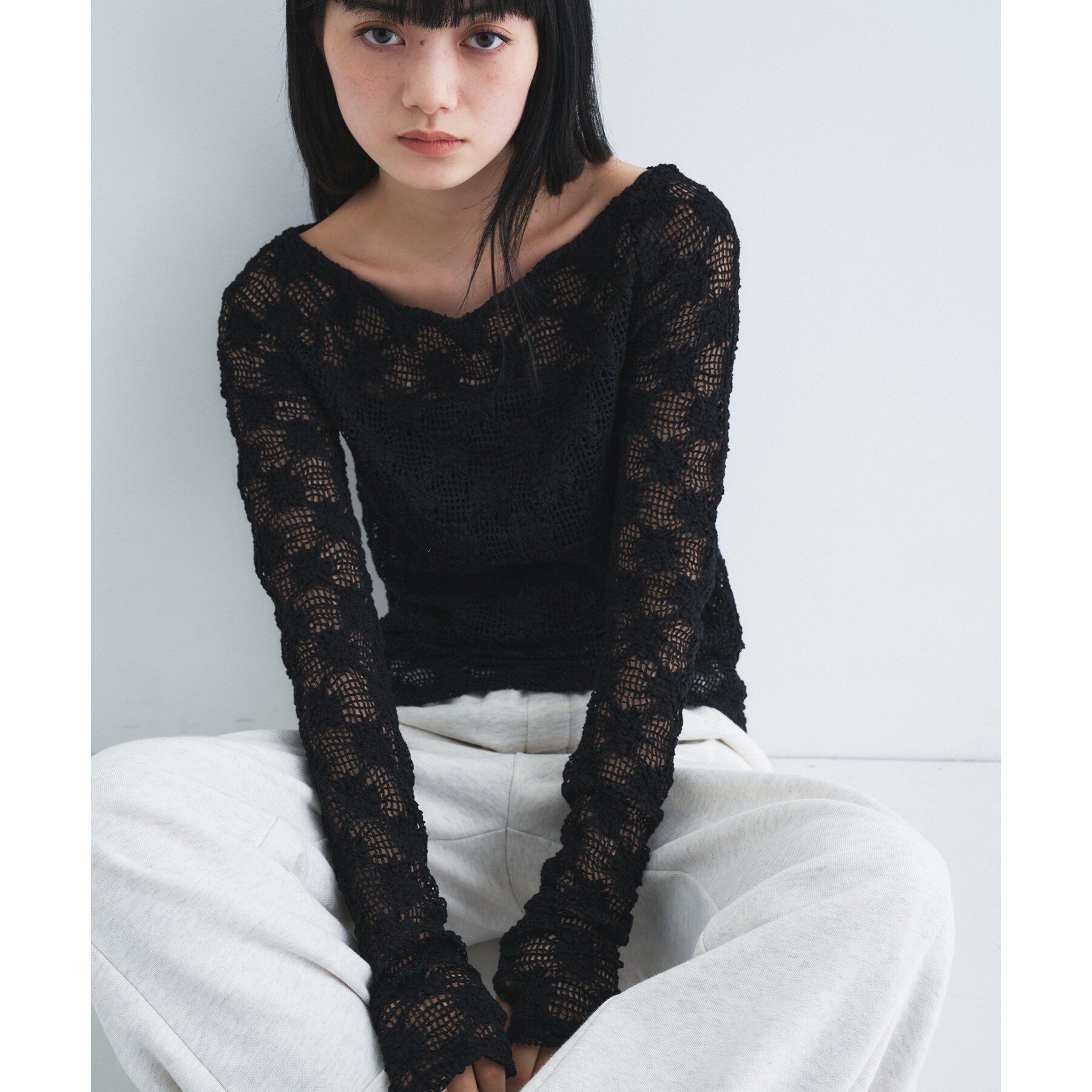 CODE A「floral lace tops」|Tシャツ・カットソー|ブラック(019)