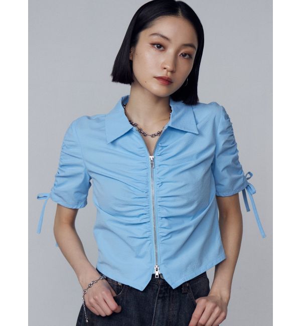 EMODA「ギャザージップシャツトップ」|Tシャツ・カットソー|ブルー