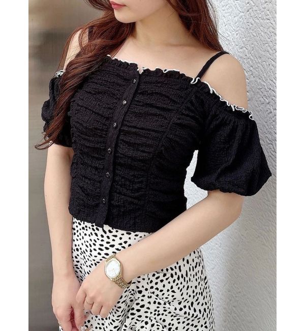 MERCURYDUO「ドロストギャザーコンパクトカットソー」|Tシャツ・カットソー|ブラック