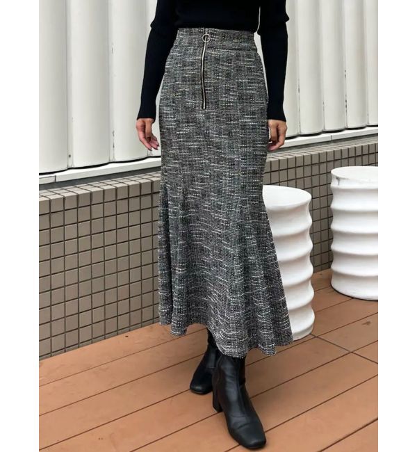 LAGUNAMOON「カットツイードフロントZIPスカート」|スカート|ブラック