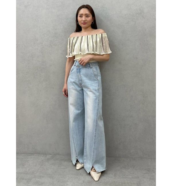 LAGUNAMOON「MIXストライプオフショルニットトップス」|ニット・セーター|