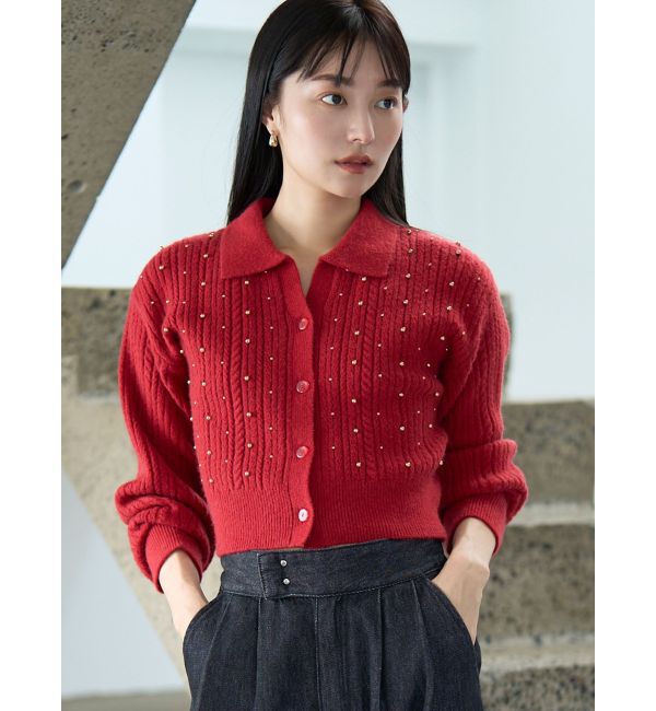 LAGUNAMOON「ビジューカーデニットプルオーバー」|カーディガン|レッド