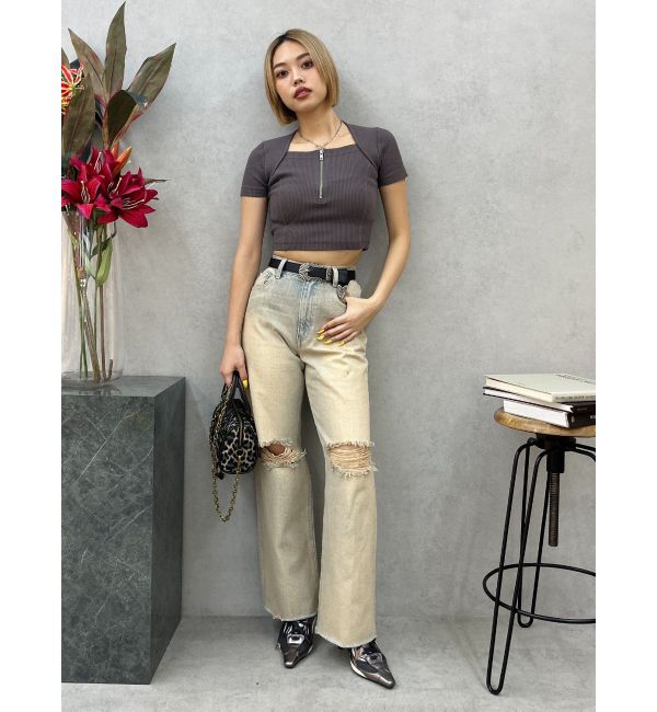 EVRIS「ダメージワイドヴィンテージライクデニムパンツ」|デニム|