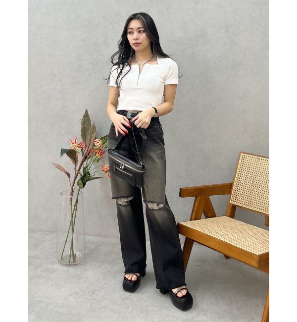 EVRIS「ダメージワイドヴィンテージライクデニムパンツ」|デニム|