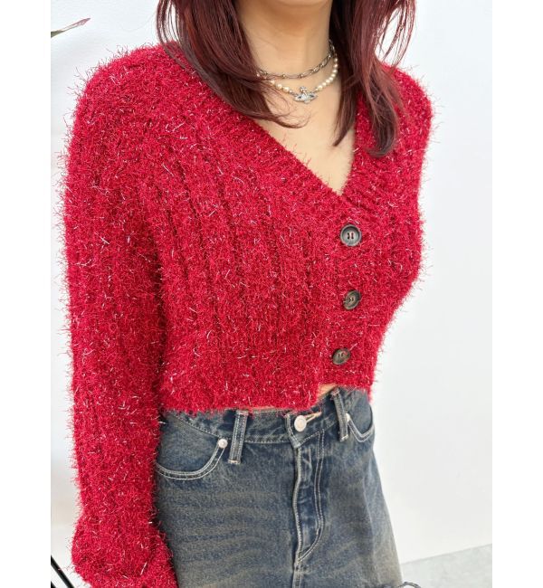 EVRIS「フェザーラメニットショートカーディガン」|カーディガン|