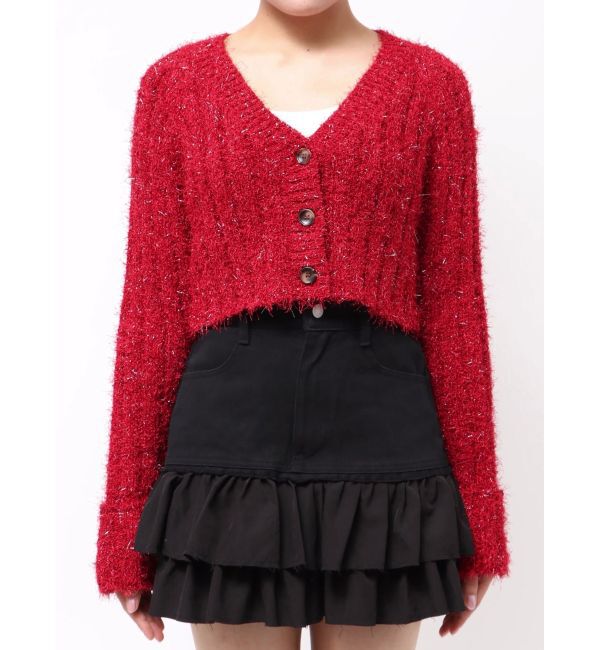 EVRIS「フェザーラメニットショートカーディガン」|カーディガン|