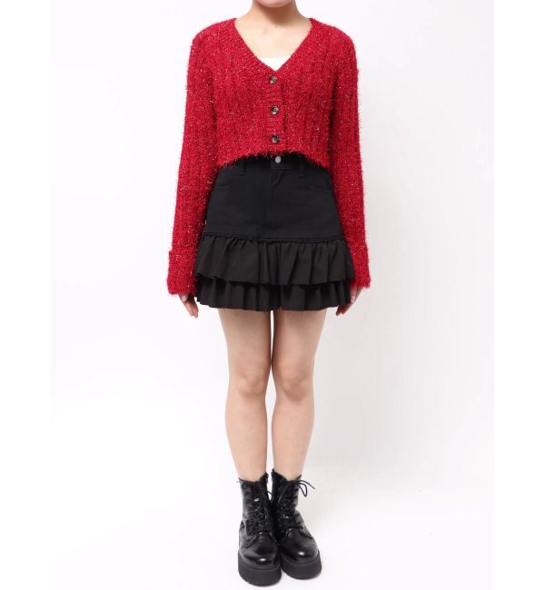 EVRIS「フェザーラメニットショートカーディガン」|カーディガン|