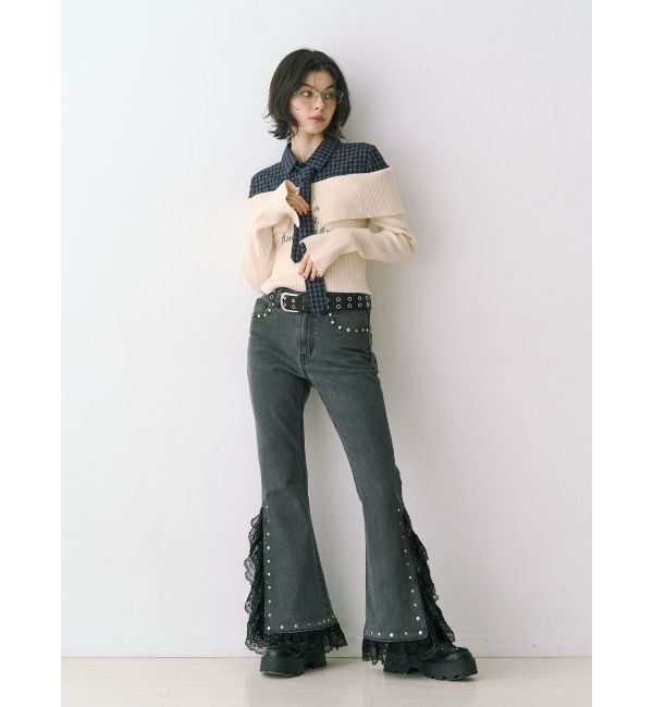 jouetie「レースドッキングスタッズフレアデニム」|デニム|