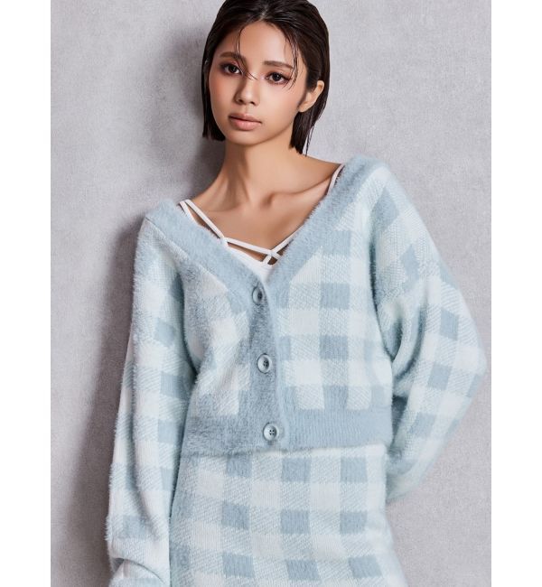 GYDA「CHECK shaggyニットカーディガン」|カーディガン|スカイブルー