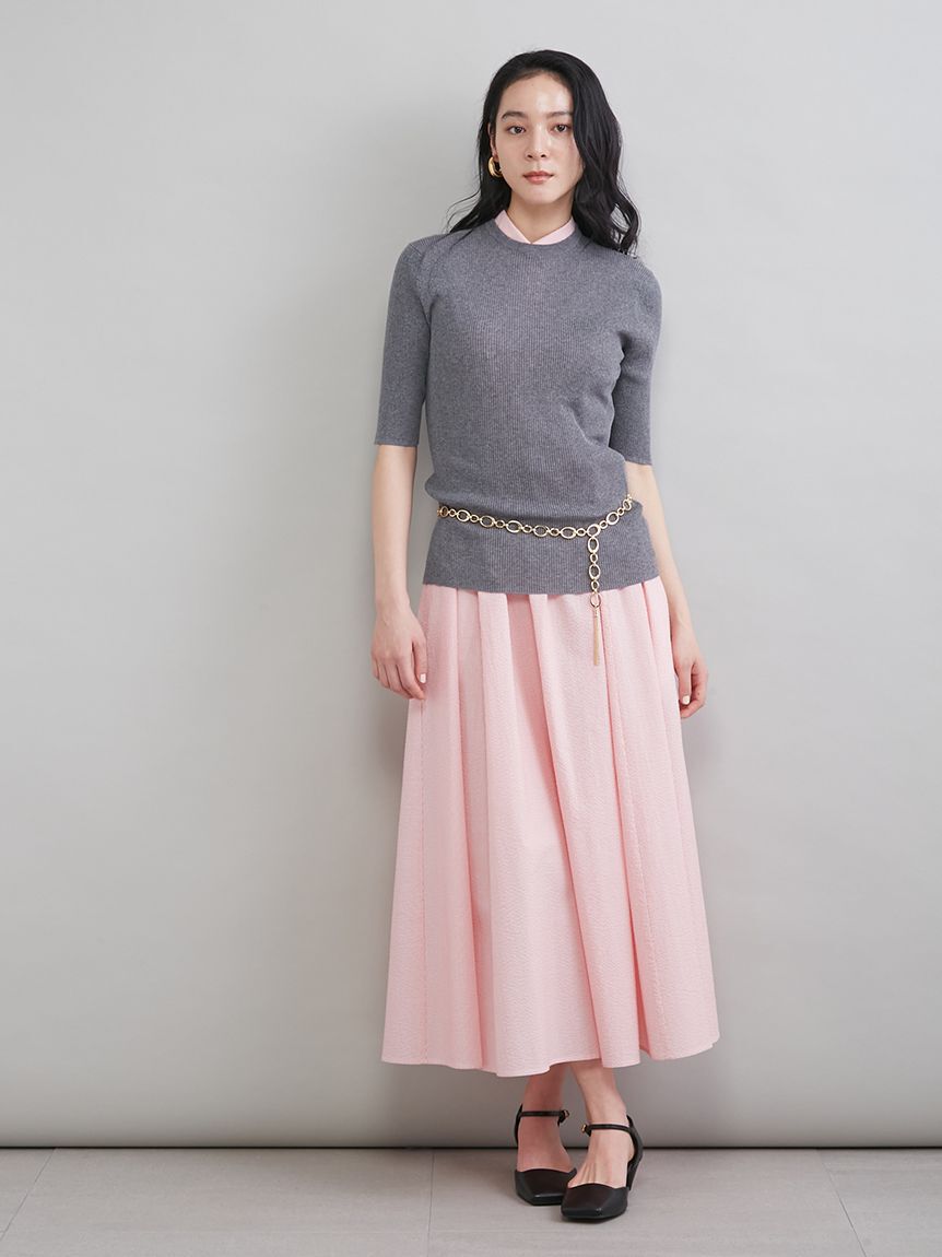 Mila Owen「ＵＶケア半袖シアーリブニット」|ニット・セーター|