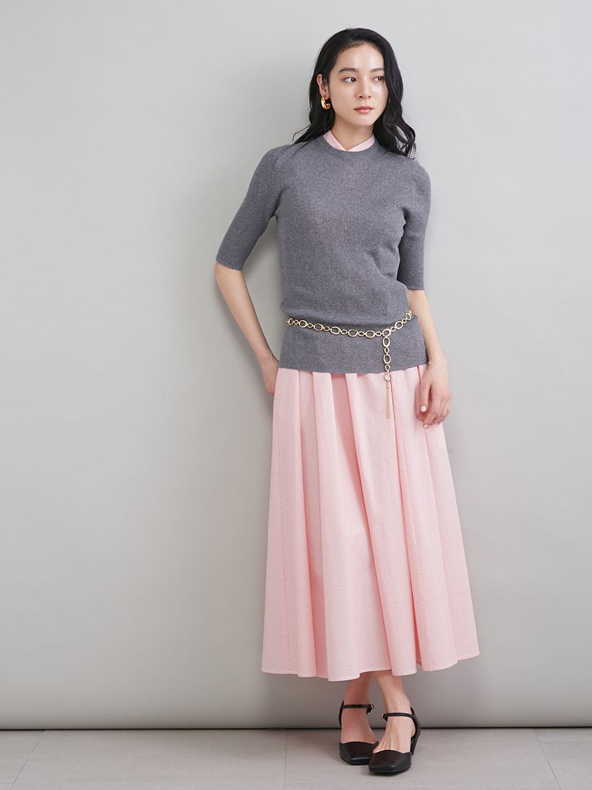 Mila Owen「ＵＶケア半袖シアーリブニット」|ニット・セーター|