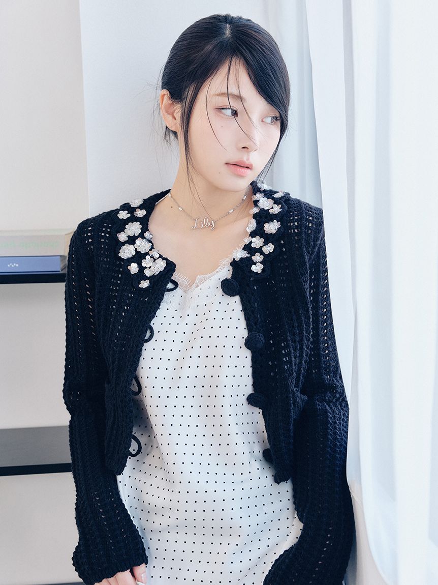 LILY BROWN「[L.B CANDY STOCK]クロシェ編みビジューニットカーディガン」|カーディガン|