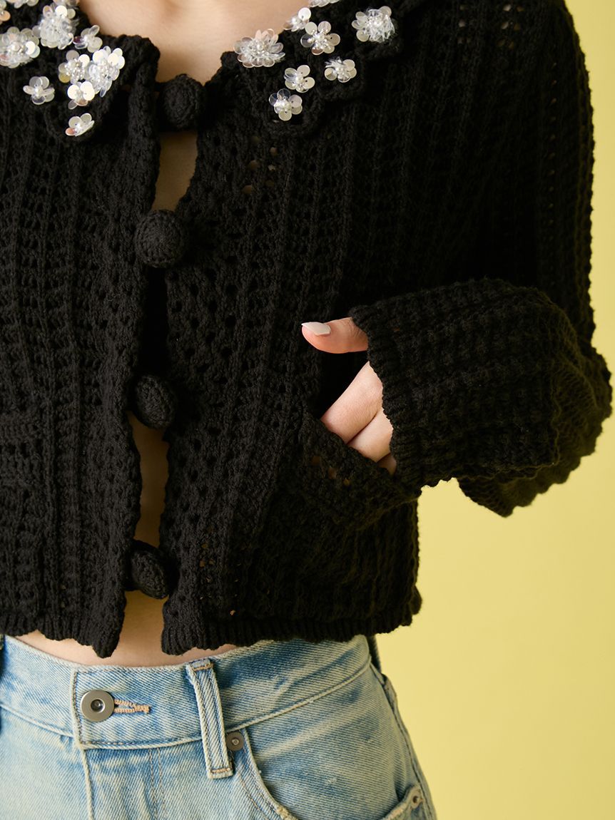 LILY BROWN「[L.B CANDY STOCK]クロシェ編みビジューニットカーディガン」|カーディガン|