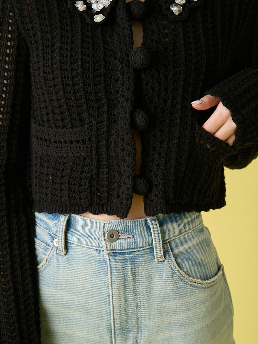 LILY BROWN「[L.B CANDY STOCK]クロシェ編みビジューニットカーディガン」|カーディガン|