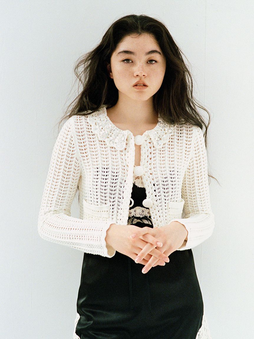 LILY BROWN「[L.B CANDY STOCK]クロシェ編みビジューニットカーディガン」|カーディガン|