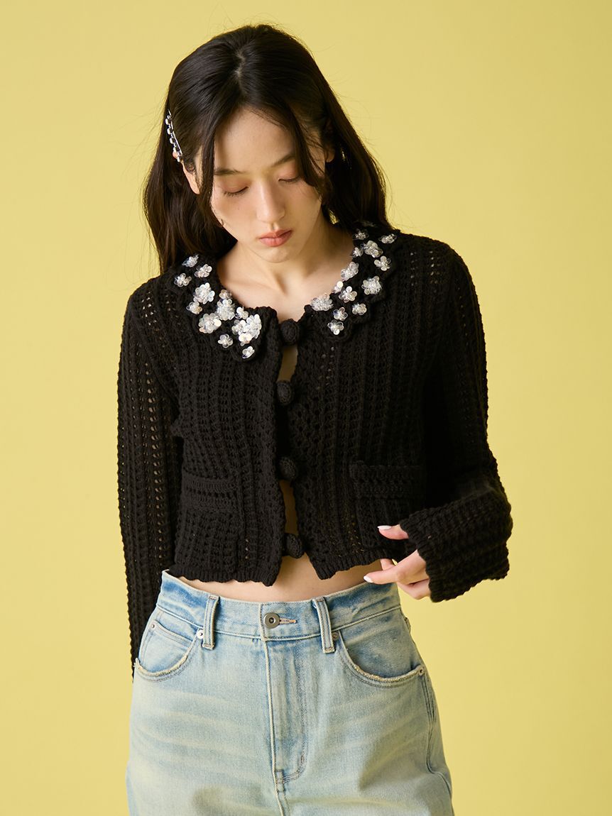 LILY BROWN「[L.B CANDY STOCK]クロシェ編みビジューニットカーディガン」|カーディガン|
