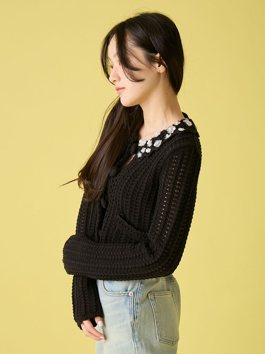 LILY BROWN「[L.B CANDY STOCK]クロシェ編みビジューニットカーディガン」|カーディガン|