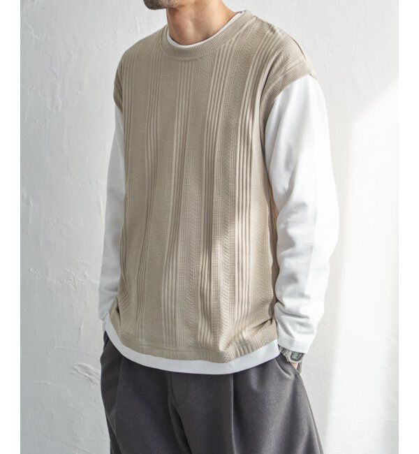 ikka「ヘリンボンジャカードフェイクベストロンT」|Tシャツ・カットソー|ベージュ