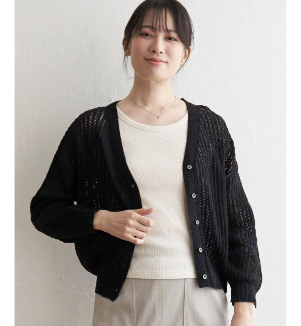 ikka「透かし編みVネックカーディガン」|その他|ブラック