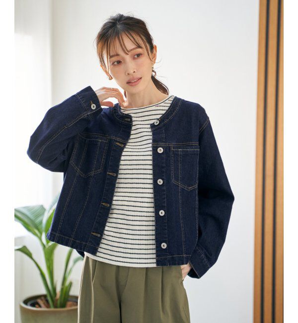 ikka「ストレッチデニムノーカラーシャウター【親子コーデ】」|ブルゾン・スタジャン|