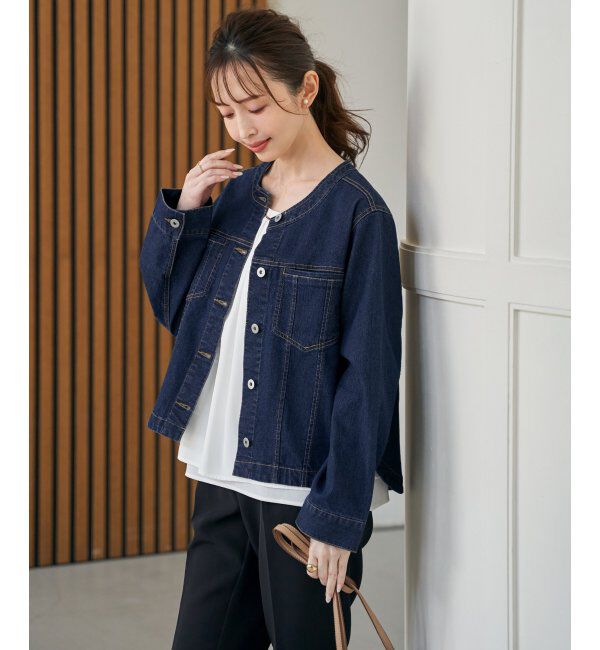 ikka「ストレッチデニムノーカラーシャウター【親子コーデ】」|ブルゾン・スタジャン|