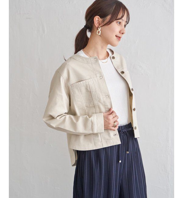 ikka「ストレッチデニムノーカラーシャウター【親子コーデ】」|ブルゾン・スタジャン|アイボリー